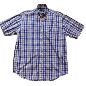 Vintage Ralph Lauren Golf Short Sleeve‎ Button Down Shirt Size Medium Blue Plaid